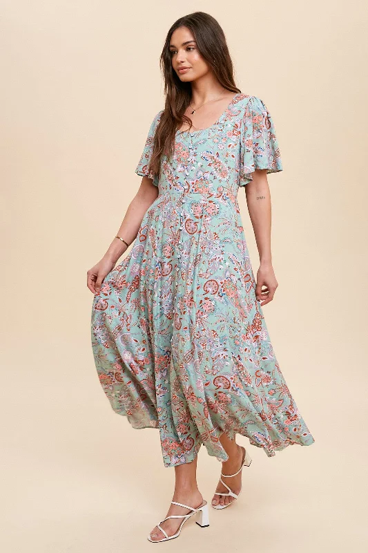 Mint Green Floral Button Front Short Flutter Sleeve Maxi Dress Limited Styles