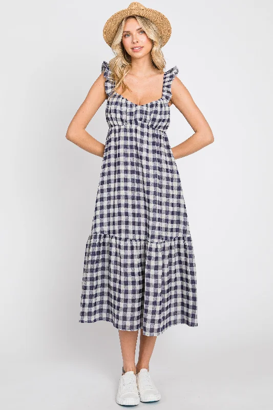 Navy Blue Checkered Linen Sweetheart Neck Ruffle Strap Midi Dress Clearance Event