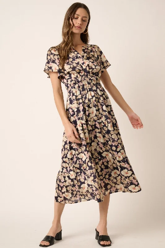 Navy Flower Print Placket Front Midi Dress Subtle Sophistication