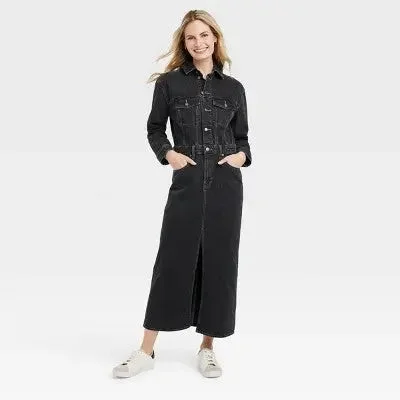 Universal Thread Women's Long Sleeve Denim Shirt Maxi Dress Chic Outfits