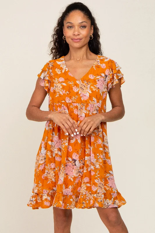 Orange Floral Flutter Sleeve Babydoll Dress Special Occasion Wear