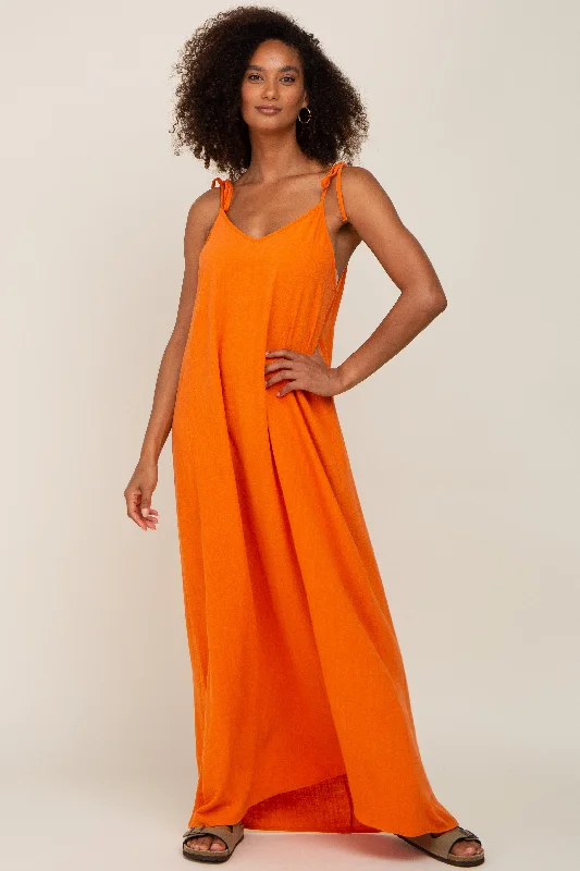 Orange Linen V-Neck Tie Strap Maxi Dress Unleash Your Style