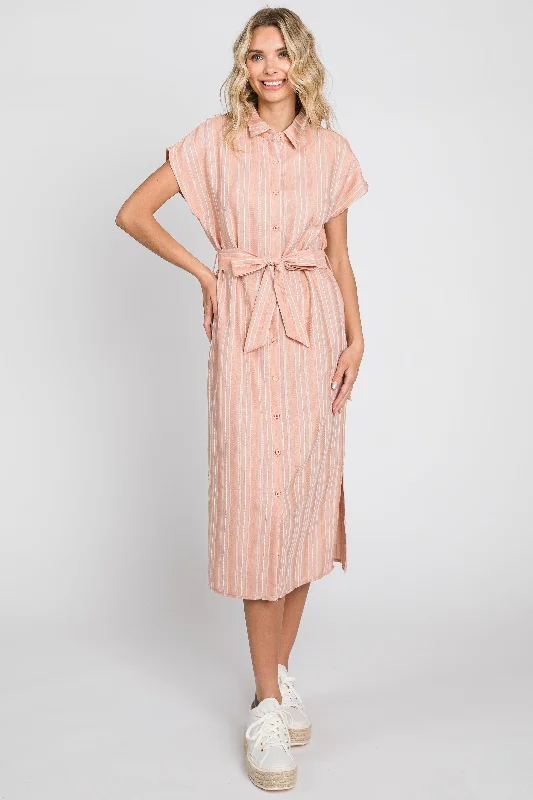 Peach Textured Stripe Button Front Linen Dress Luxury Fashion