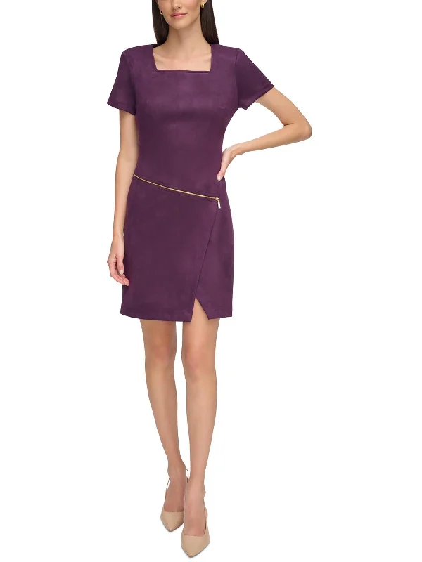 Petites Womens Faux Suede Mini Sheath Dress Cutting Edge Fashion