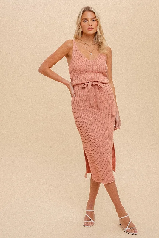 Pink Tank Rib Side Slit Midi Dress Graceful Movement