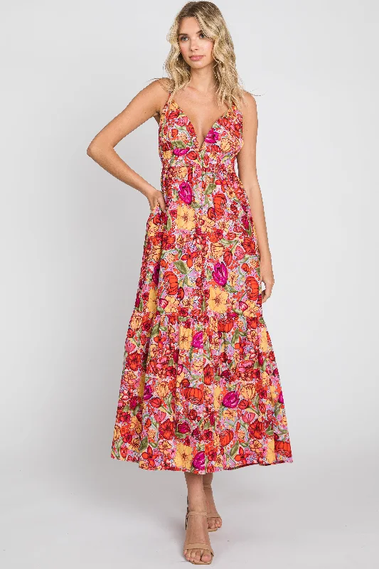 Red Floral Open Back Maxi Dress Style Breakthroughs