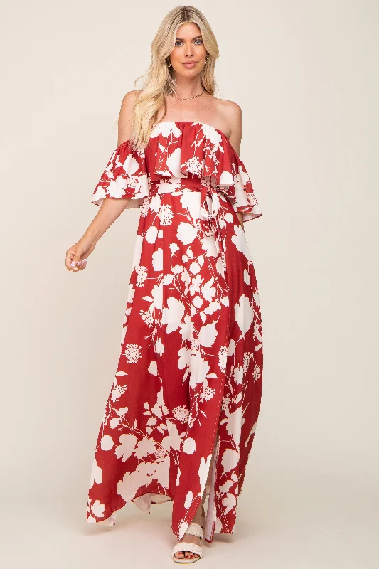 Rust Floral Overlay Off-Shoulder Side Slit Maxi Dress Luxe Layering