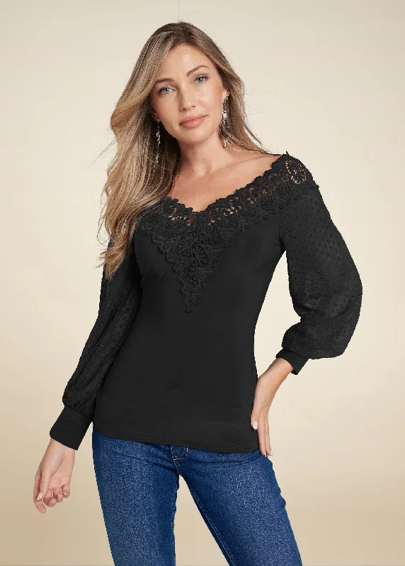 Lace Neckline Top - Black Buy More, Save More