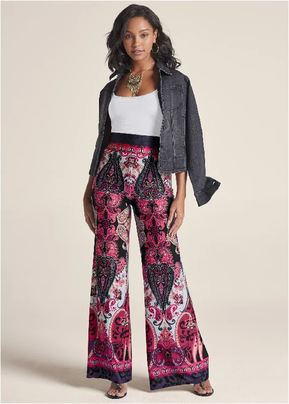 Wide Leg Paisley Print Pant - Pink Multi Big Savings On Minimalist Office Styles