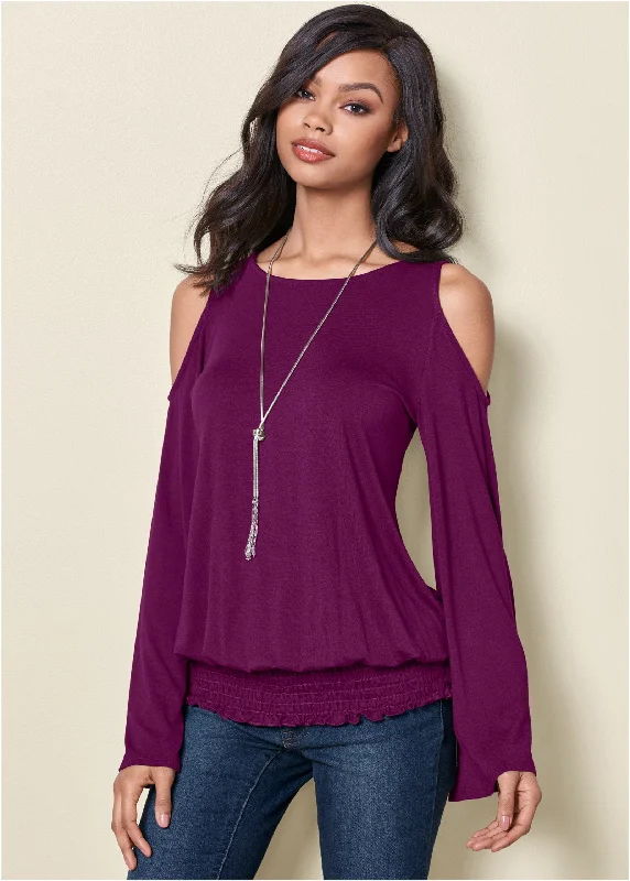 Cold-Shoulder Blouson Top - Dark Purple Find Your Unique Flair