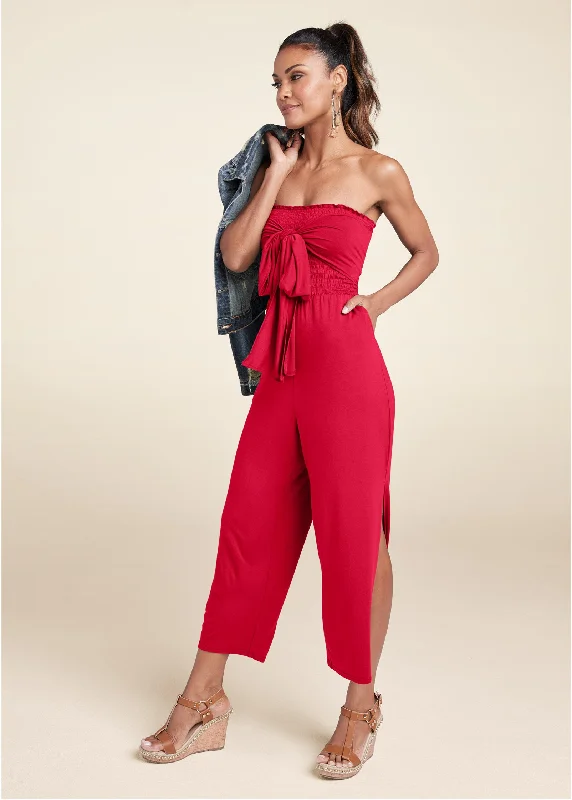 Smocked Tie-Front Jumpsuit - Red Fashion Forward Outfits