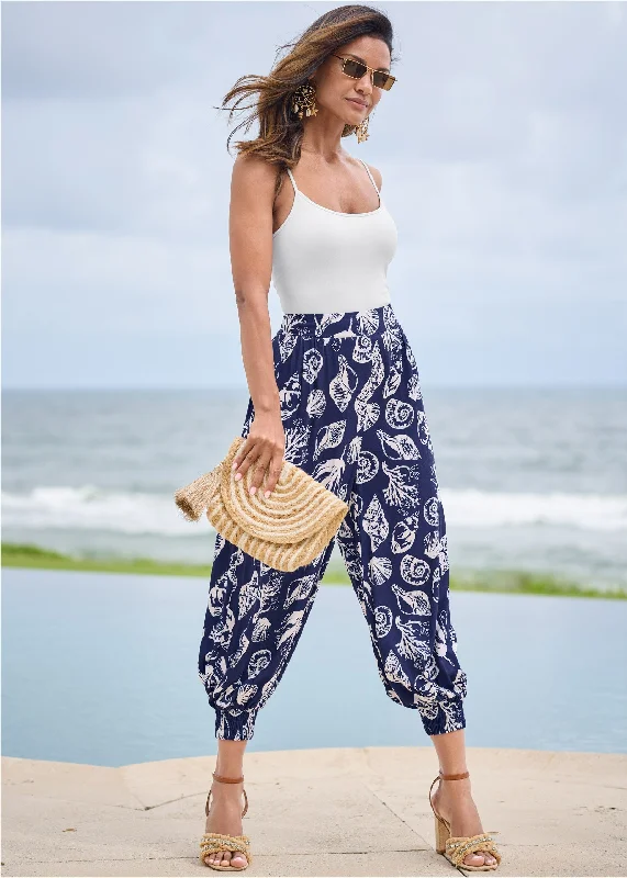 Deep Ocean Patterned Pants - Navy & White Huge Savings On Parisian Styles