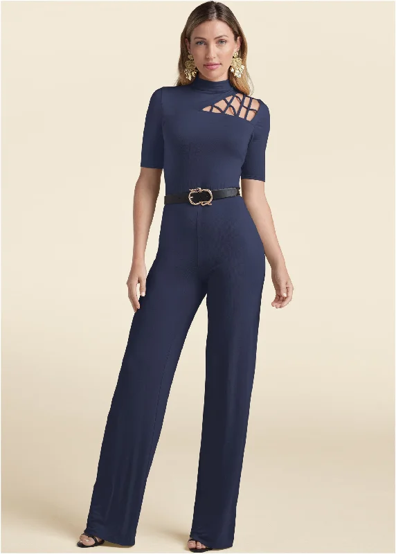 Strappy Mock-Neck Jumpsuit - Navy Redefining Women's Style