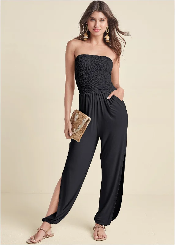 Smocked Side Slit Jumpsuit - Black Holiday Attire Sale