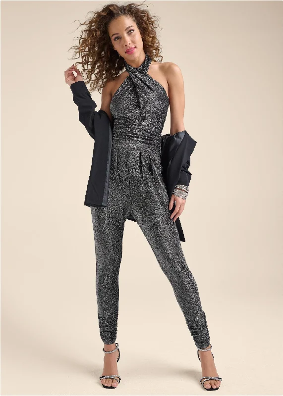 Cross-Neck Sparkle Jumpsuit - Silver Wardrobe Essentials