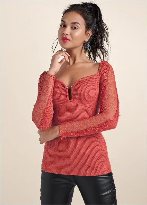 Lace Sleeve Ribbed Sweater - Baked Apple Formal Outfit