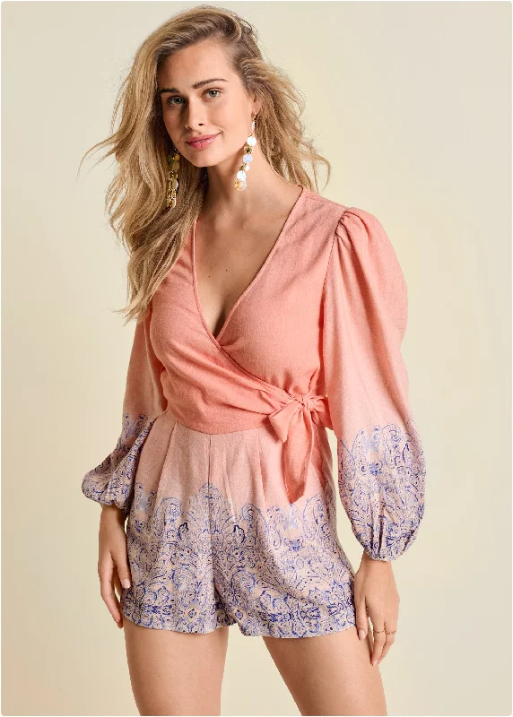 Linen Printed Romper  - Blush Multi Chic And Trendy