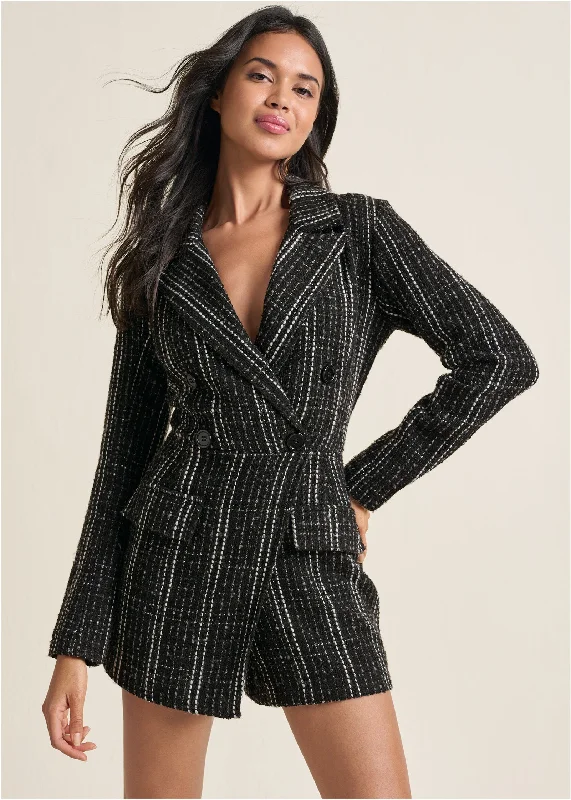 Tweed Button Detail Romper - Black Multi Urban Femme Streetwear