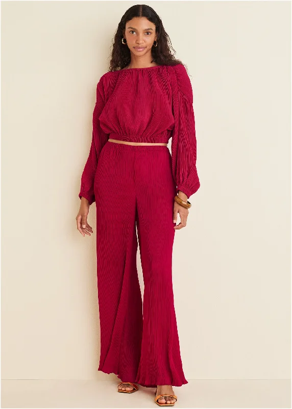 Plisse Wide Leg Pants - Red Exclusive Designer Collection