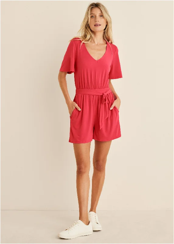 Tie Waist Romper - Red Sleek Design