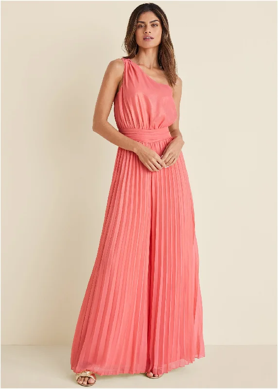 Gold Foil Pleated Jumpsuit - Coral Catch Every Fashion Trend