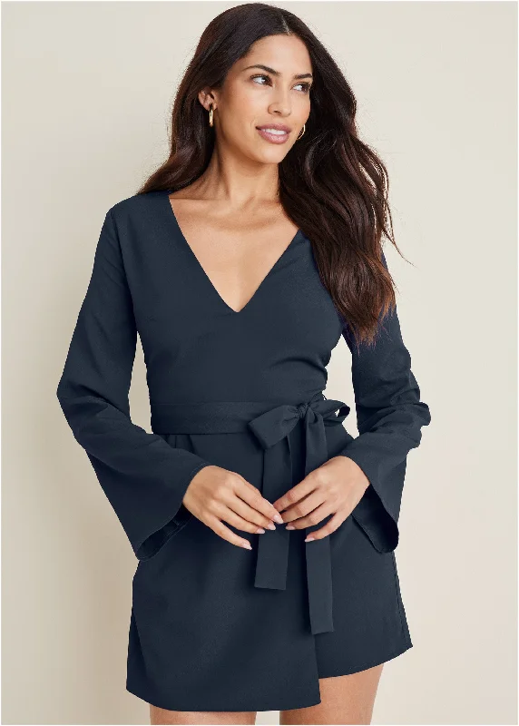 Long-Sleeve Skort Romper - Navy Latest Trends