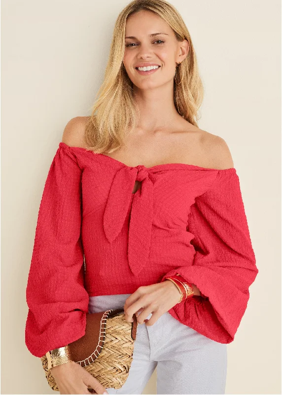 Textured Tie Front Top - Red Pastel Styles