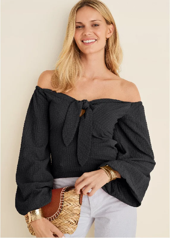 Textured Tie Front Top - Black Flash Sale Fever