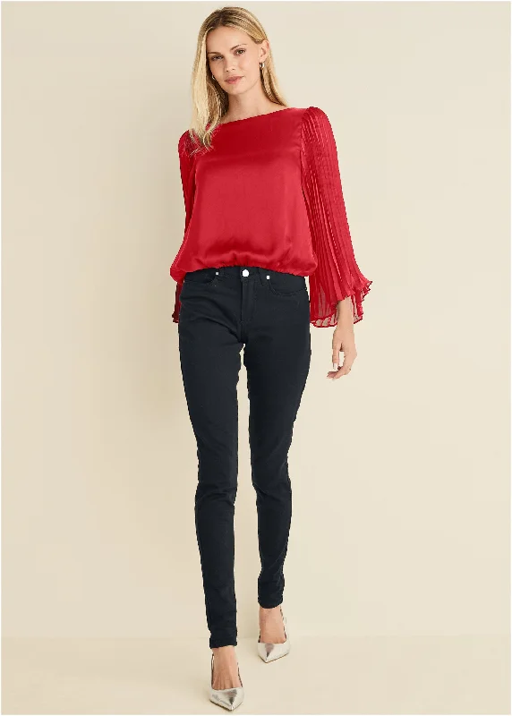 Pleated Sleeve Top - Red Coastal Beach - Inspired Style