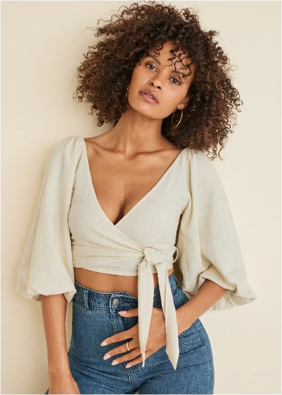 Linen Wrap Top - Cream Fashion Forward