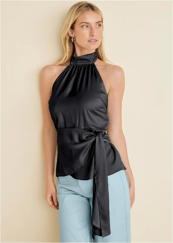 Halter Neck Wrap Blouse - Black Insane Discount Onslaught