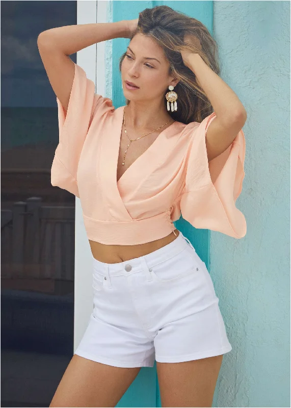 Kimono Sleeve Faux Wrap Top - Blush Trendy And Individual Women's Fashion