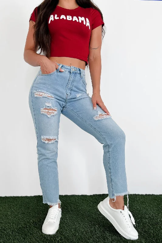 Boone High Rise Distressed Mom Jeans (Light Denim) Seasonal Trends