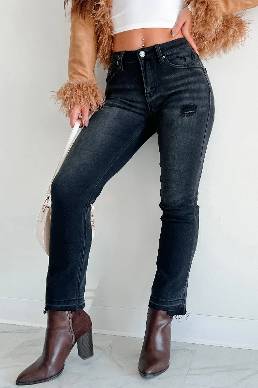 Dawes Mid Rise Uneven Hem Risen Straight Leg Jeans (Black) Timeless Elegant