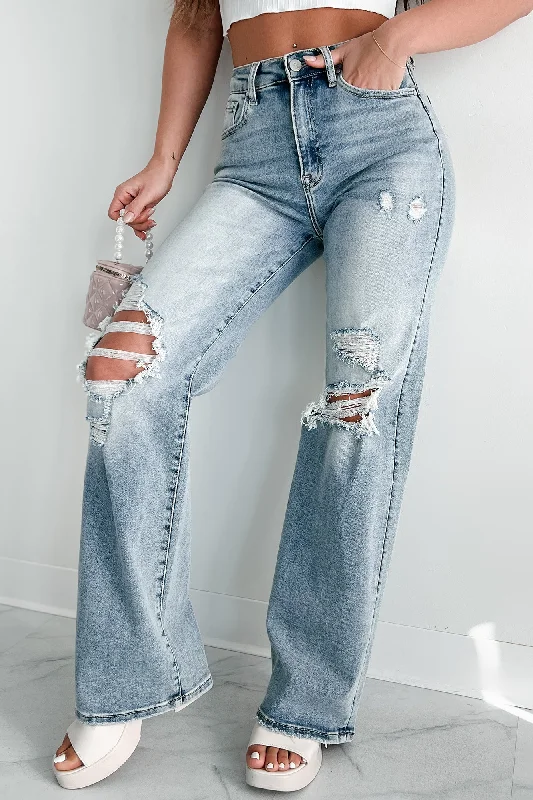 Kam High Rise Distressed Straight Leg Jeans (Light) Colorful Clothing