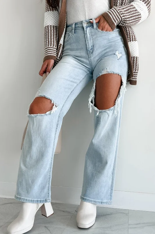 Rhys Flying Monkey High Rise Distressed Baggy Wide Leg Jeans (Light) Classic Timeless Elegant Style